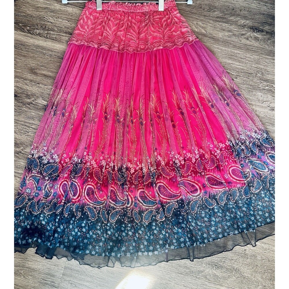 Vtg Y2K Fuscia Mesh Boho Maxi Skirt Peacock Paisley Fairycore Whimsical O/S